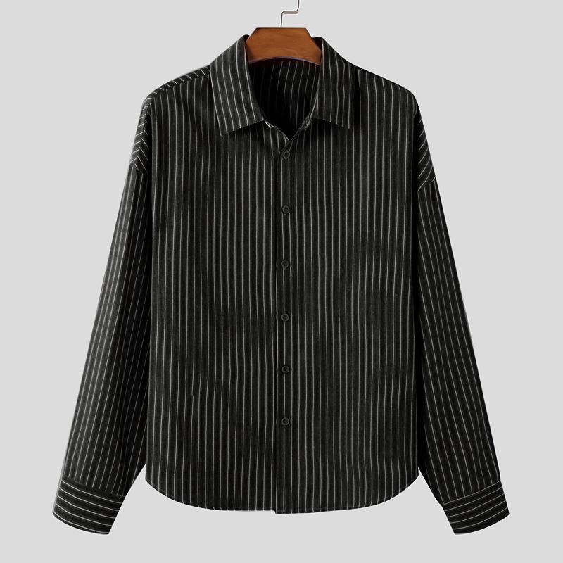 

INCERUN Мужские рубашки оверсайз с лацканами, длинным рукавом, в полоску, повседневные, свободные, топы 4XL чёрный