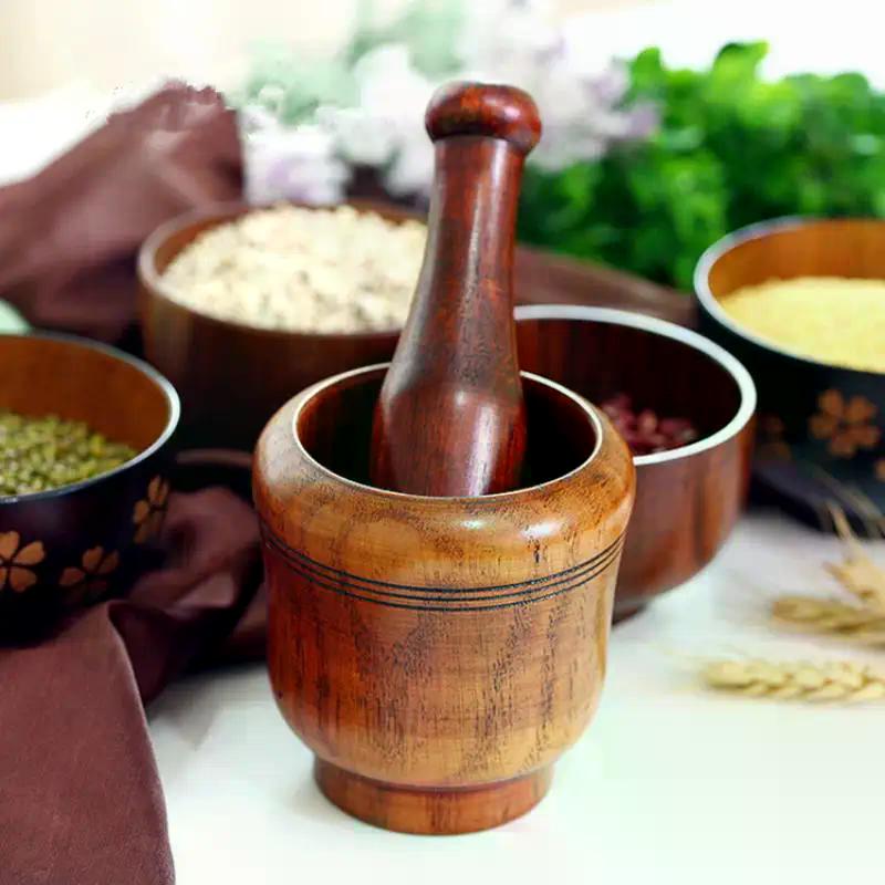 Wooden Grinding Bowl Household Kitchen Manual Garlic Ginger Spices Grinder Mortar Pestle Set