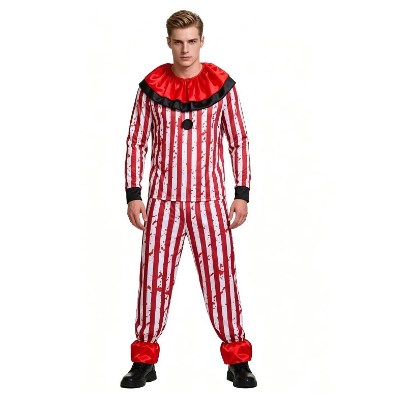 Halloweenský děsivý klaunský kostým pro muže a ženy Červeno-bílý pruhovaný krvavý top s volánkovým límcem Kostým pro dospělé na cirkusové cosplay párty