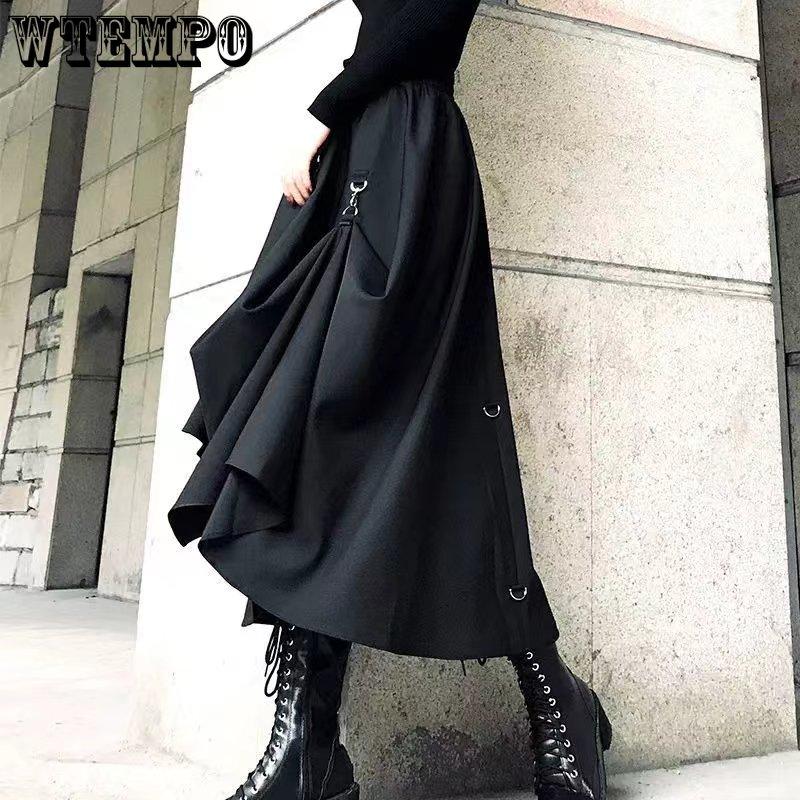 WTEMPO Harajuku Punk Stil Röcke Frauen Hohe Taille Schnalle Unregelmäßigen Gothic Rock Schwarz Hip Hop Streetwear Frei Einstellbar