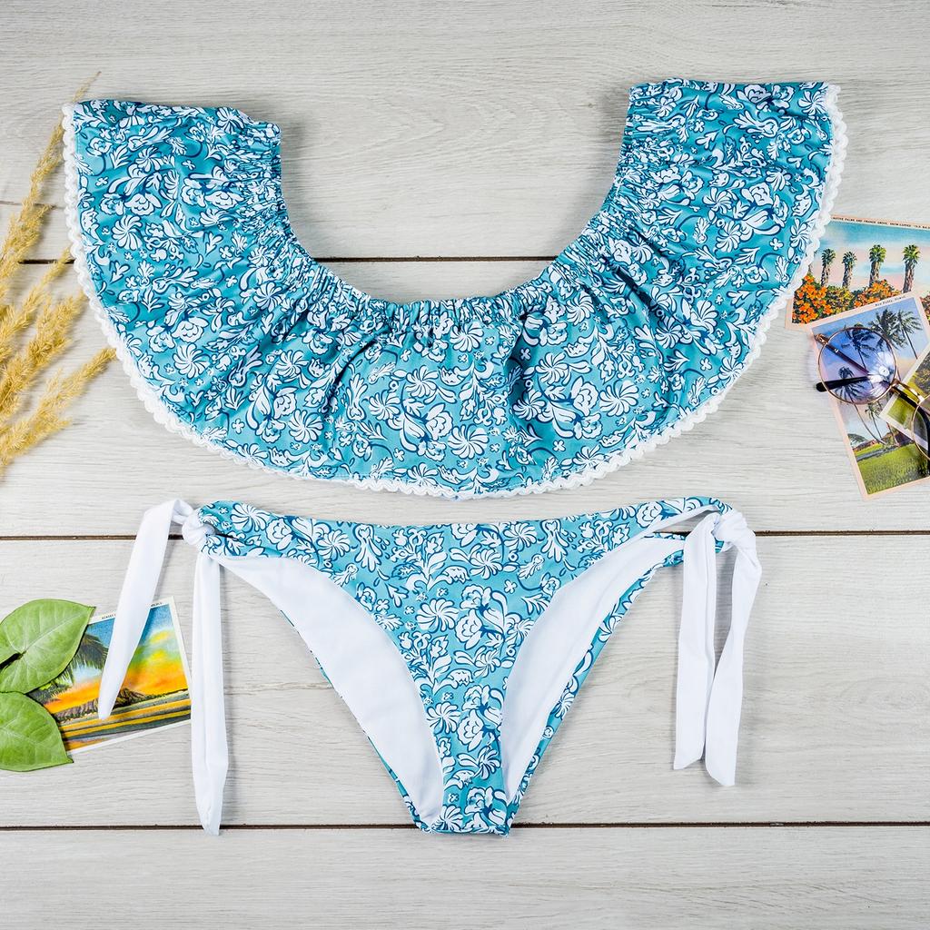 Spanischer Bikini mit U-Boot-Ausschnitt und Rüschen, zweiteiliger Badeanzug, Boho-Stil, L