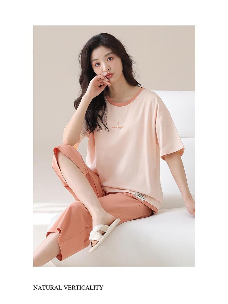 Women's Cotton Cartoon Girl Pajama Set - Short Sleeve & Capri, Wearable Outdoors