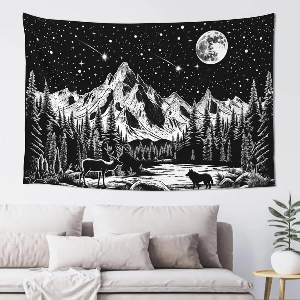 Moonlit Floral Tapestry Full Moon Blossom Motif Bedroom Headboard Wall Hanging Interior Design Style Room Decoration