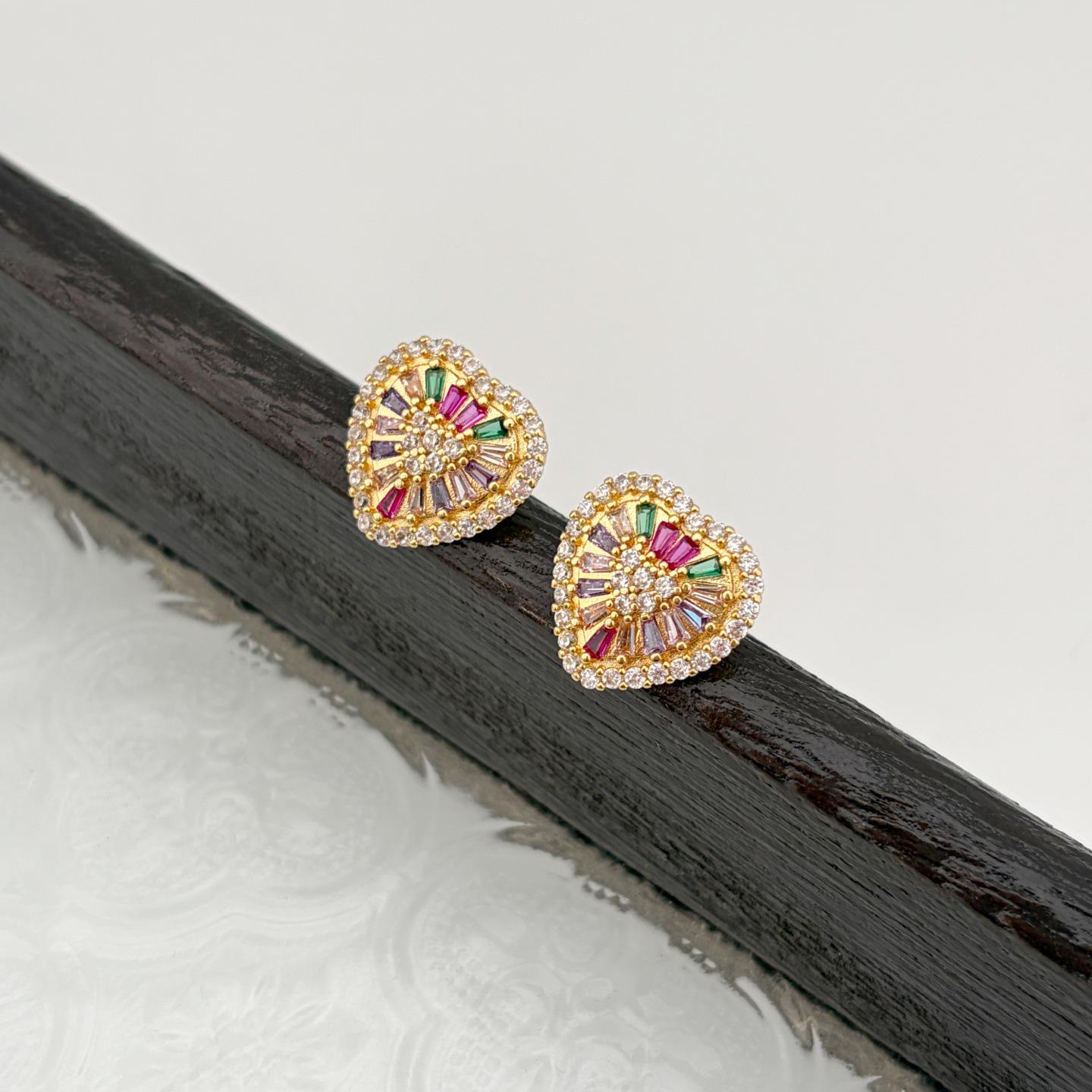 European-Style Colorful Gemstone Stud Earrings with Diamond Edge - Elegant Court-Style Versatile Design