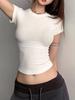 Summer Women Short Sleeve T Shirts Tight Thread High Elasticity Solid T-shirt O Neck High Waist Crop Top Tee Female Casual T Shirt