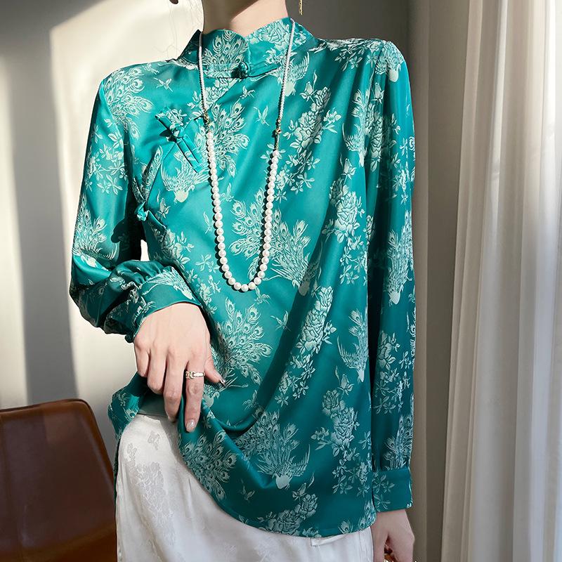 2024 Spring/Summer Women's Chinese Style Satin Jacquard Stand Collar Shirt