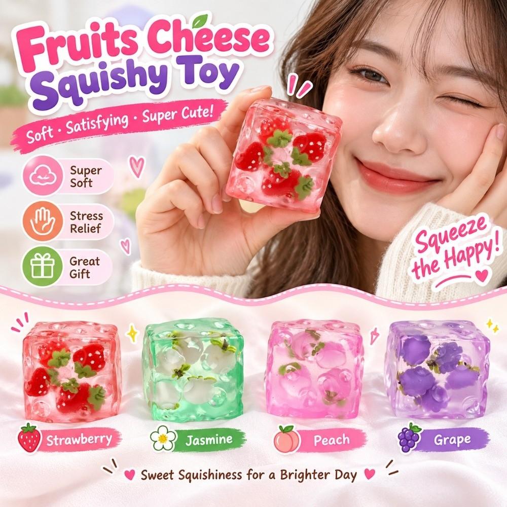 Fruits Theme Cheese Squeezed Cube 5cm Cheese Fidget Toy Fruits Cheese Squishy Toy for Kids Adults