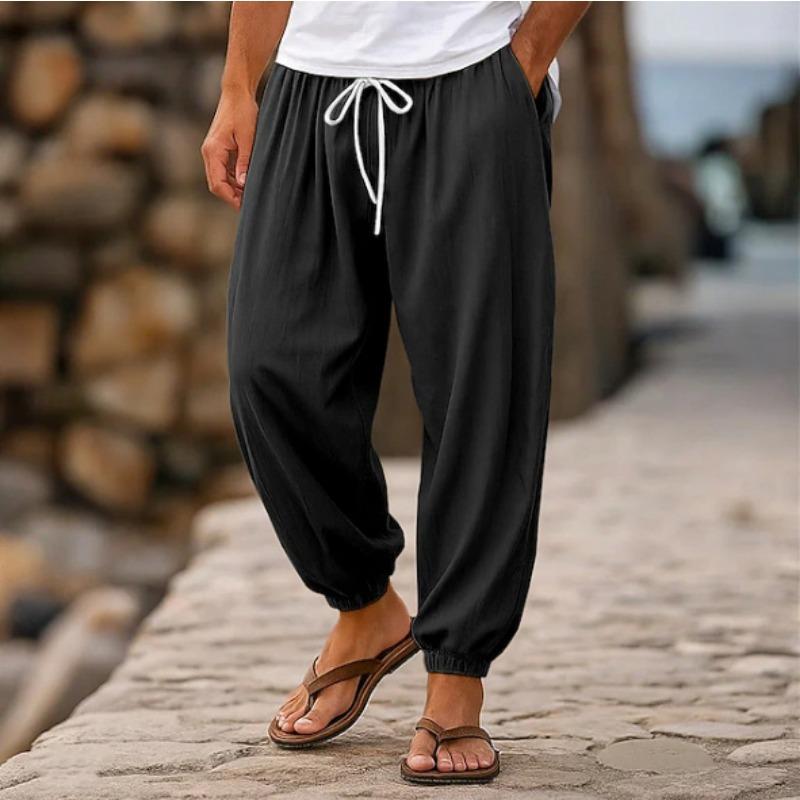 Men Elastic Waist Drawstring Casual Pants Loose Fit Ankle Cuffs Breathable Summer Beach Long Trousers