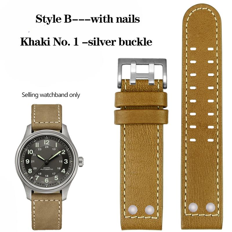 20mm 22mm Genuine Leather with Nails Watchband For Hamilton Khaki H77616533 H70615733 Series Men's Watch Band Strap Wristband