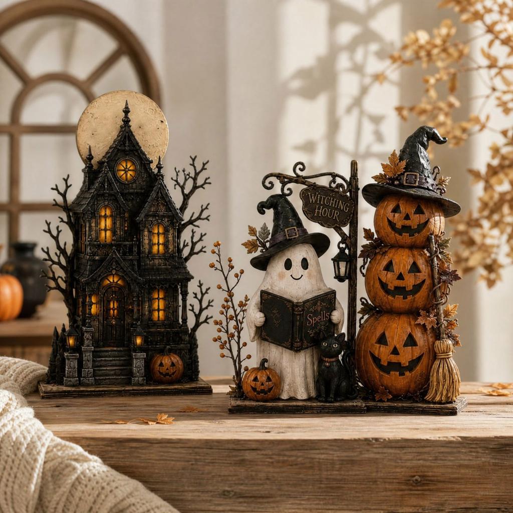 Vintage Holzhexenfiguren Set von 3, Halloween Hexenpuppen Dekoration für Tischplatte Regal Kaminsims Display