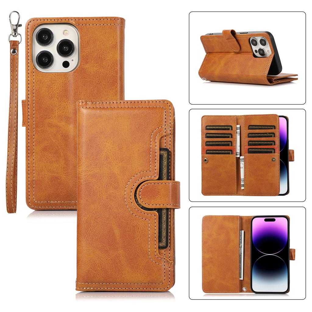 For iPhone 15 Pro Split Leather Stand Cover Multiple Card Slots Wallet Phone Case with Strap