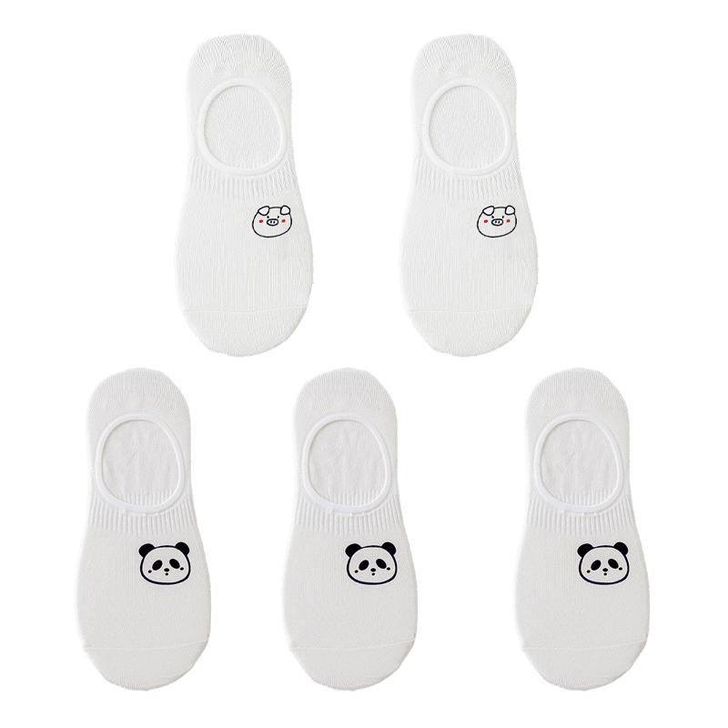 5 Pairs/lot White Cartoon Boat Socks for Women Cute Sketch Thin Summer Shallow Socks Silicone Non-Slip Invisible Crew Socks