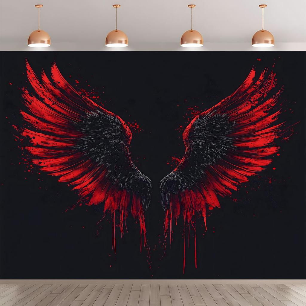 1 Banner with an Image of an Angel's Wings - Vivid Red and Black Wing Design Made of Polyester Fiber for Photo Wall Display