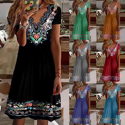 Ladies Casual Fashion Loose Pullover Print Wavy V Neck Short Sleeve Dress