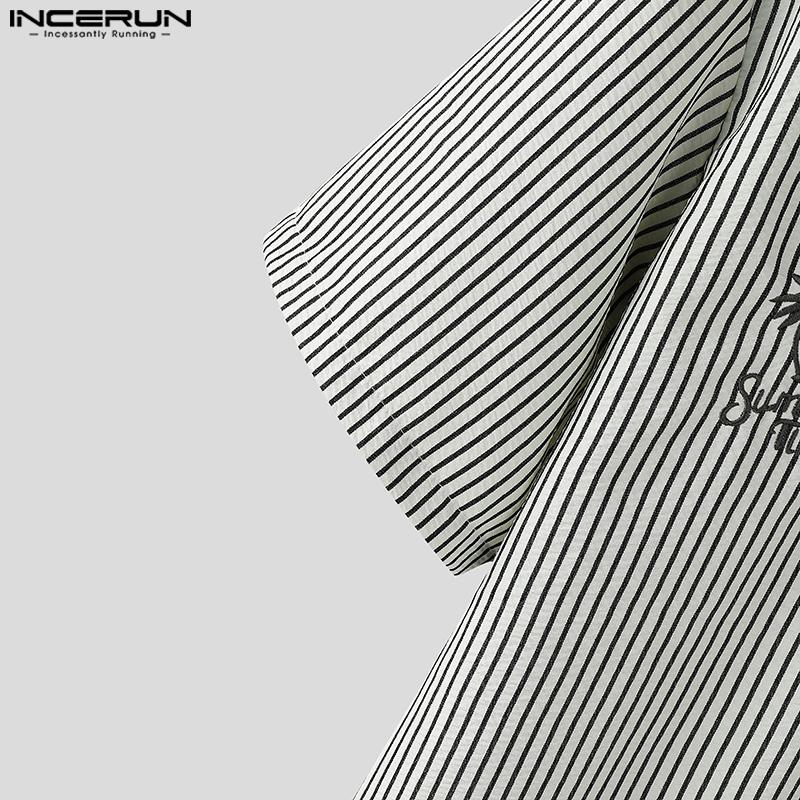 INCERUN Herren Reverskragen Kurzarm Gestreifter Druck Lässige Übergroße Hemden