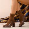 Vintage Spliced Skinny Boots Autumn Winter Square Toe Back Zipper Soft Sole Non-Slip Block Heel Shoes for Women