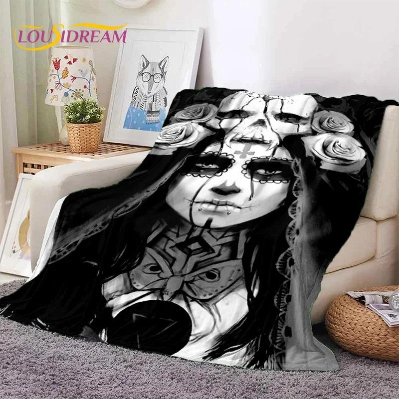 Totenkopf Totes Mädchen 3D Gothic Horror Weiblich Rose Weiche Flanelldecke für Betten Schlafzimmer Sofa Picknick, Überwurfdecke zum Zudecken Freizeit