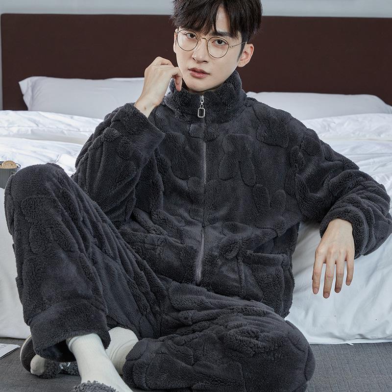 Men's Thick Coral Fleece Stand-Up Collar Zipper Pajamas - Warm Long Sleeve Homewear for Autumn & Winter