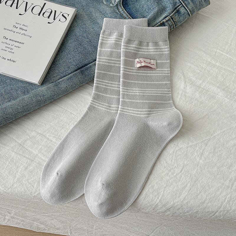 Women's Autumn and Winter Color-blocking Striped Fabric Label Trendy and Versatile College-style Socks Made of Pure Cotton