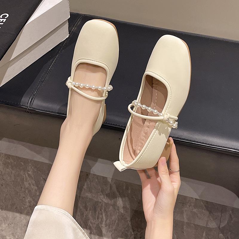 Leather shoes flat-soled single shoes  shallow mouth pearl one-word buckle with fashionable mesh women's soft sole