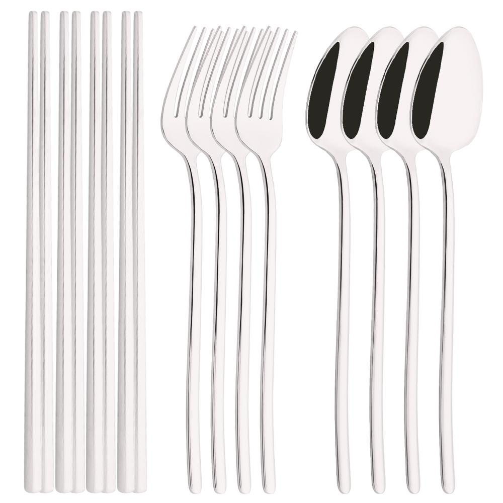 

Столовые приборы из нержавеющей стали из белого золота Набор столовых приборов Палочки для суши Набор для ужина 12 шт. Посуда Корейские палочки Вилка Ложка Посуда серебряный