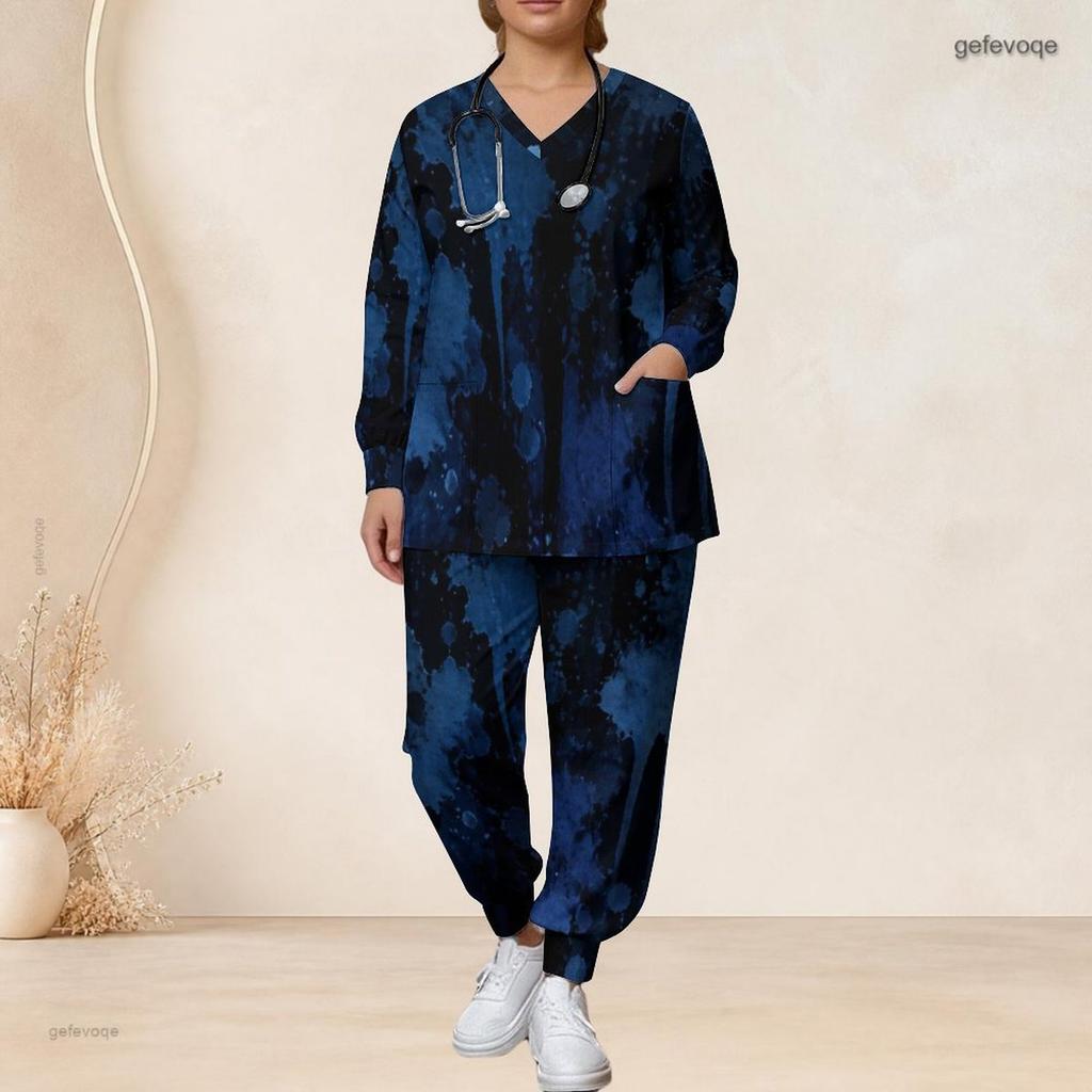 Women Plus Size Nurse Scrub Set V Neck Long Sleeve Printed Navy Blue Black Pocket Top And Pants