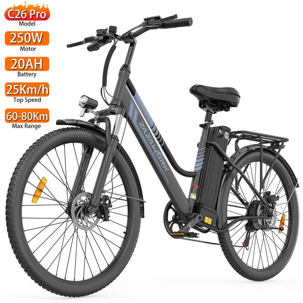 Zazawork C26 Pro Elektryczny Rower Elektryczny z Silnikiem 250W, Oponą 26", do Miasta, z Hamulcami Tarczowymi Podwójnymi, 7 Biegami, Wyświetlaczem LED, Maksymalne Obciążenie 120 kg