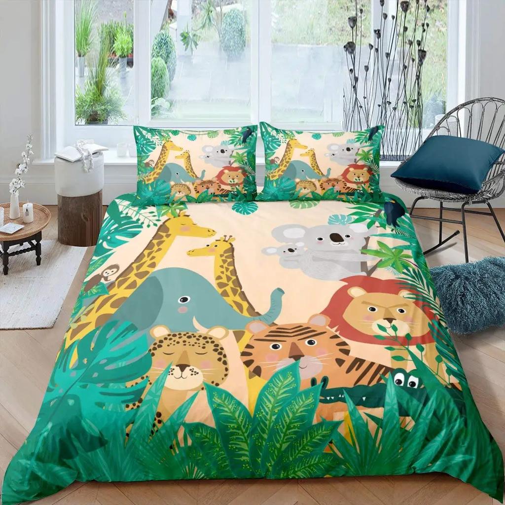 Cartoon Animals Duvet Cover Savannah Tropical Forest Jungle Wildlife For Boys Girls Kids Zoo Polyester Quilt Cover Bedroom Decor