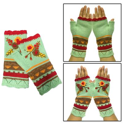 Stylish Half Finger Gloves for Women Knitted Winter Wrist Warmers with Floral Embroidery