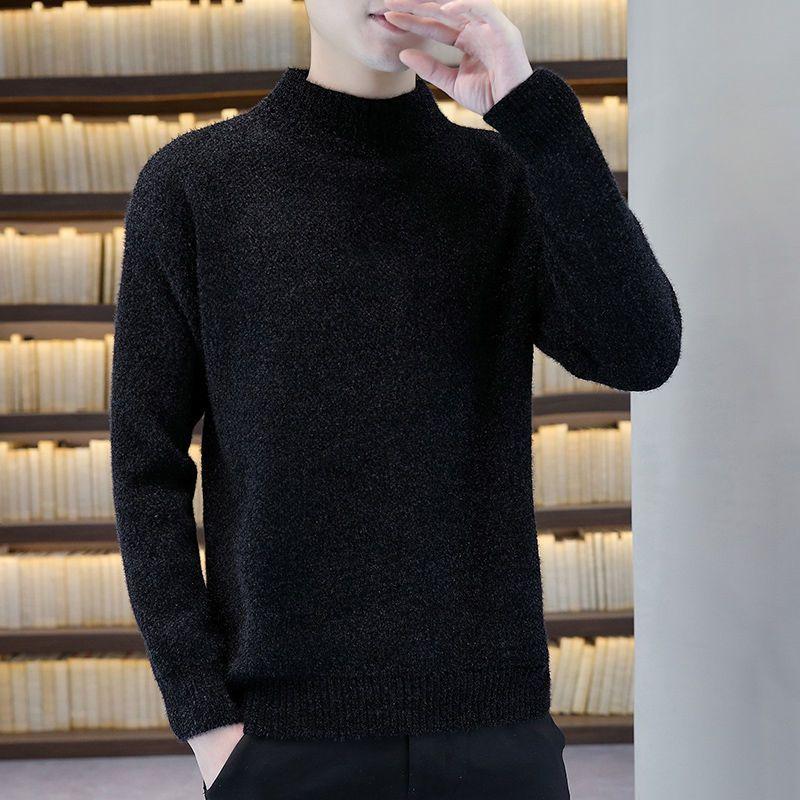 

Осень-зима Новая мода Длинный рукав Полувысокий воротник Однотонные пуловеры Мужская одежда Универсальные вязаные корейские простые топы XXXL чёрный