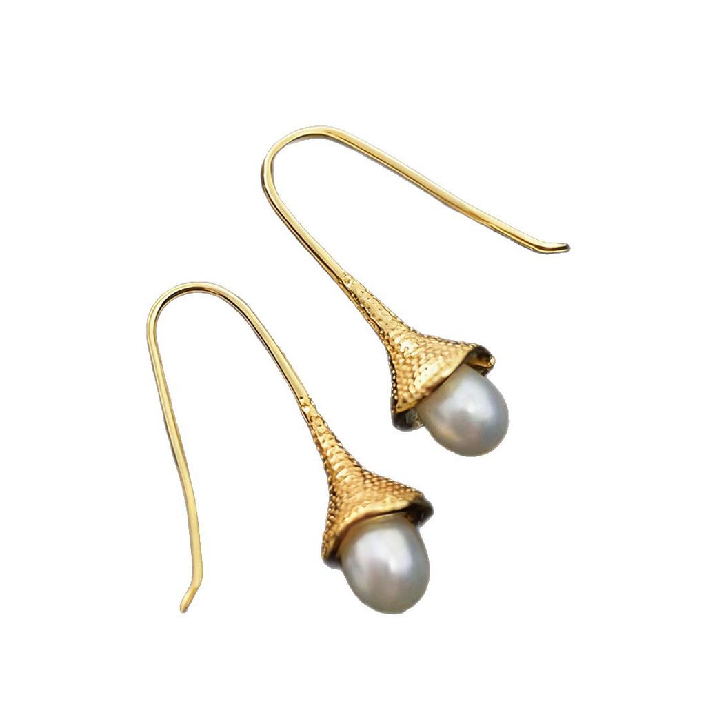Natural Freshwater Pearl Earrings Women's Ins Niche 11K Gold-wrapped Retro Premium Feeling Water Drop-shaped Metal Texture Ear Hook