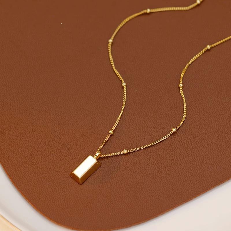 Geometric Gold Beaded Titanium Steel Clavicle Necklace with Square Pendant for Women