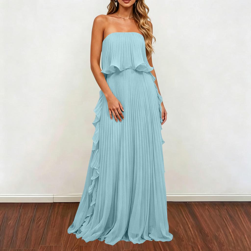 Women Strapless Pleated Maxi Dress Sleeveless Ruffle Hem Chiffon Evening Gown Long Length Summer Fashion Formal Dress