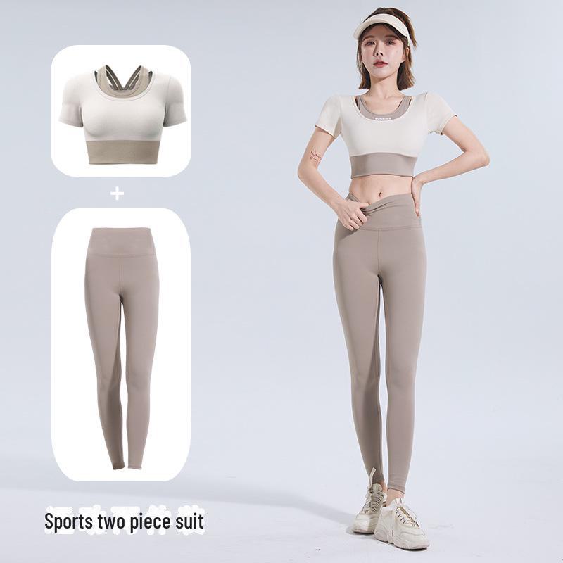 New Color Match Quick-Dry Bra-Free Yoga & Pilates Fitness Suit - Women's Short-Sleeved Two-Piece