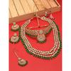 Green Beads Bridal Kundan Choker & Long Necklace, Earring & Maangtikka Set For Women