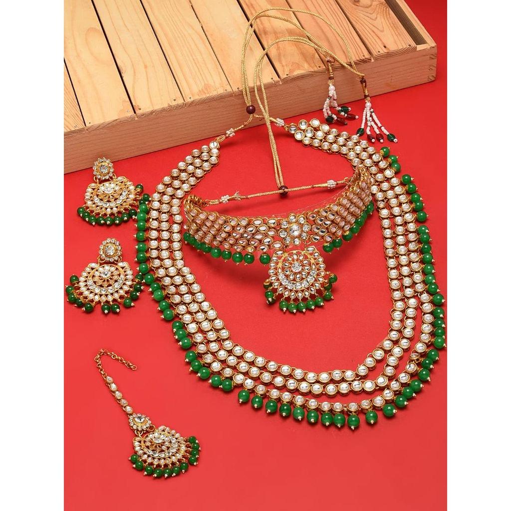 Green Beads Bridal Kundan Choker & Long Necklace, Earring & Maangtikka Set For Women