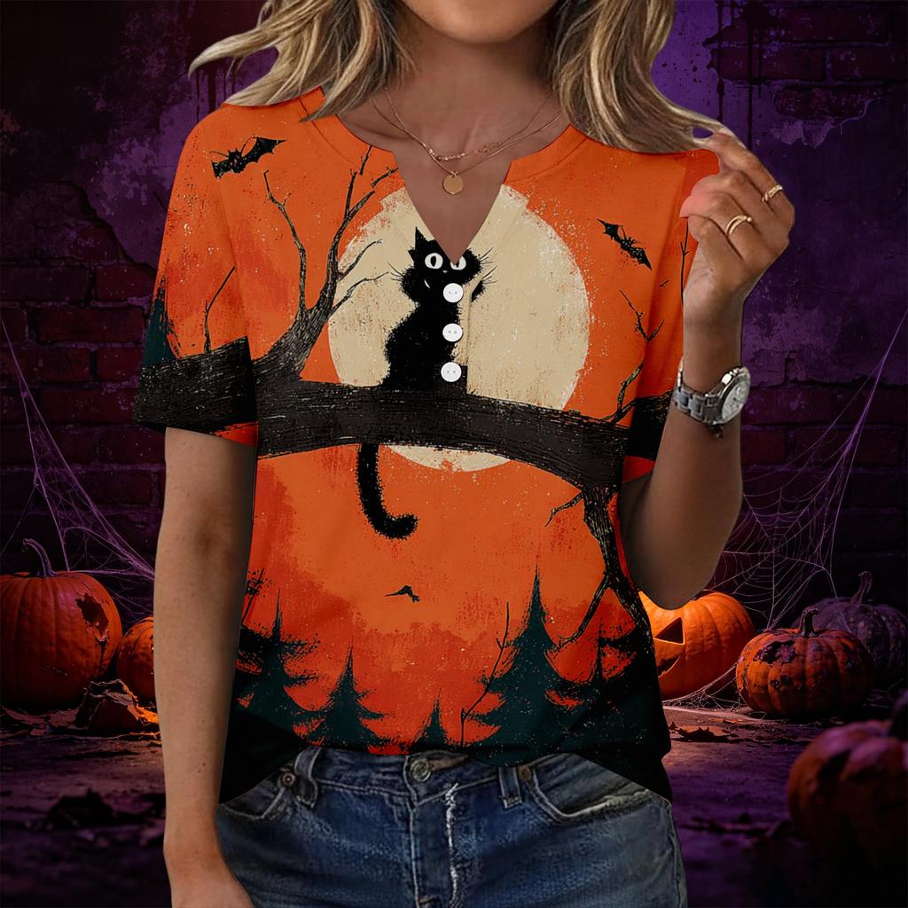 Women’s Casual Halloween Print V Neck Short Sleeve T Shirt Top with Decorative Button for Everyday Wear