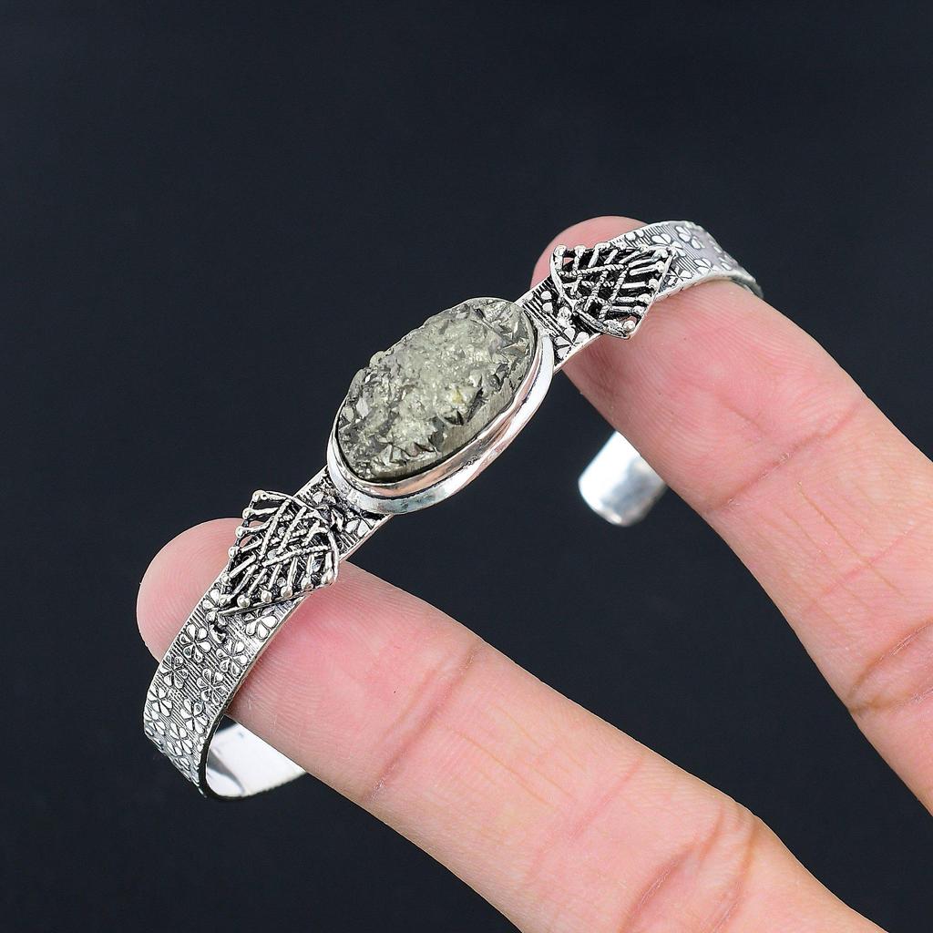 Sterling Silver Oval Pyrite Druzy Gemstone Ethnic Anniversary Bangle Bracelet