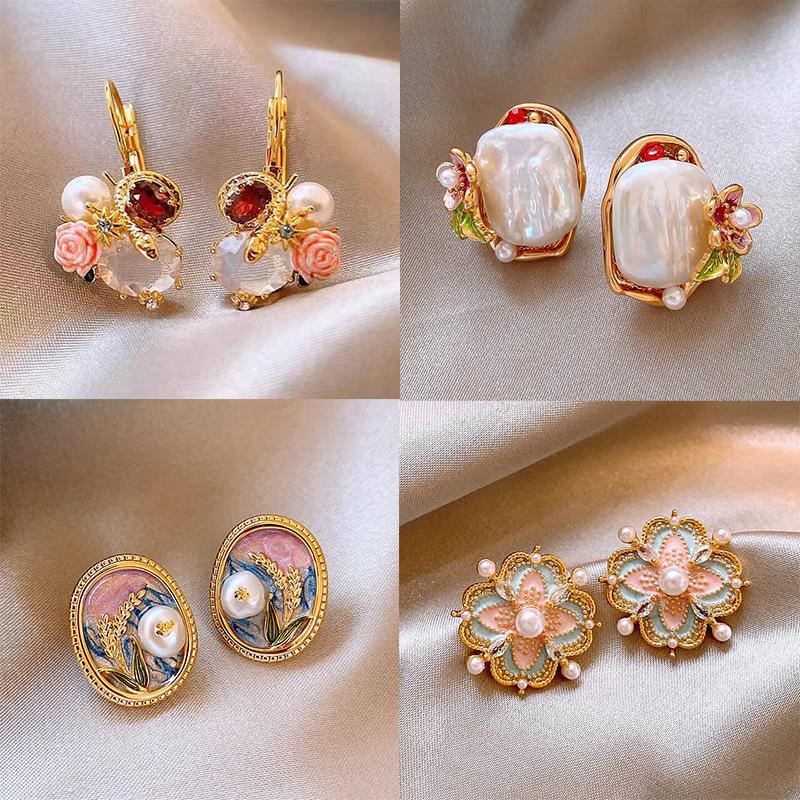 French Court Style Colored Enamel Glaze Double-layer Flower Stud Earrings Retro Pearl Design Earrings Monet Garden Decoration