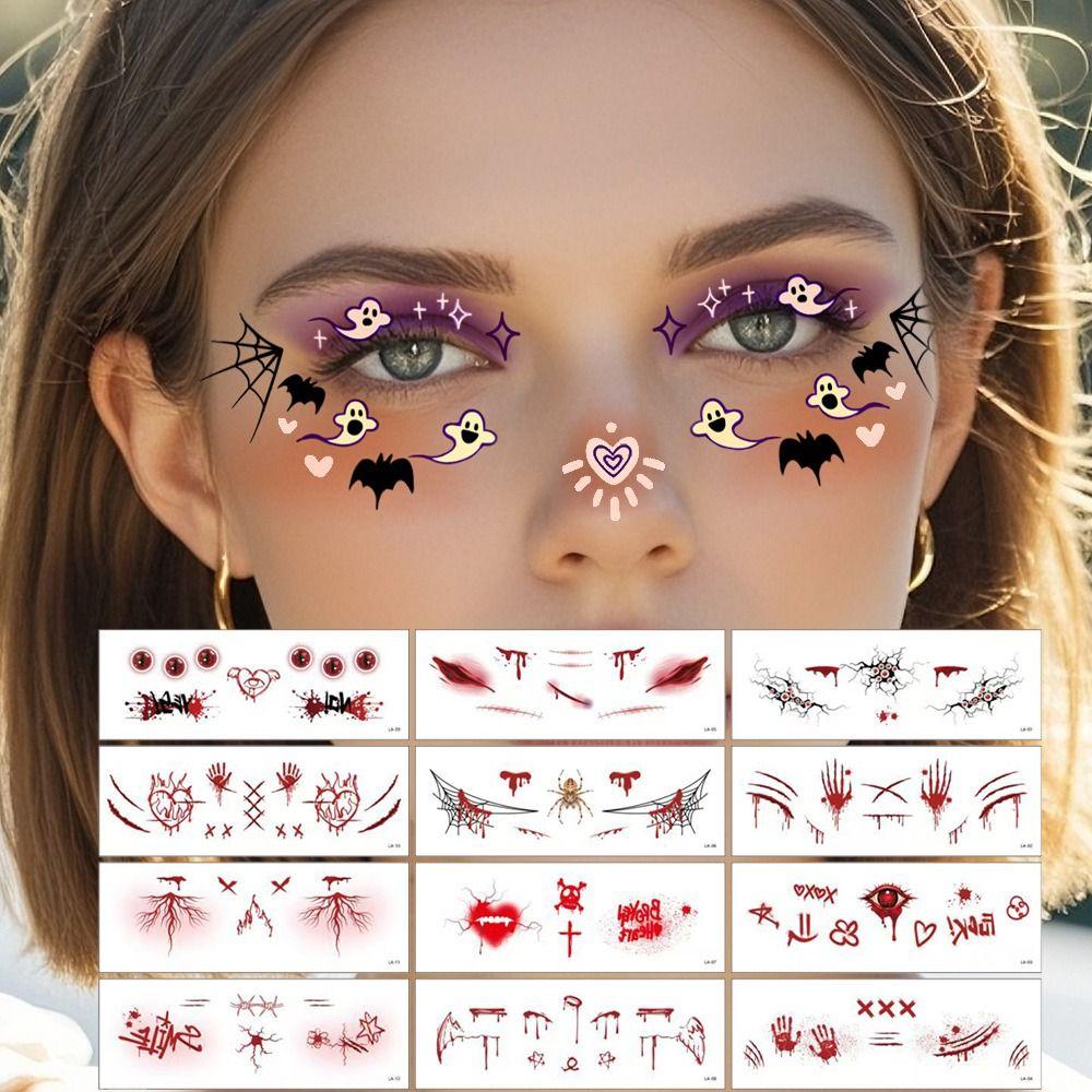12pcs Waterproof Halloween Face Tattoo Portable Halloween Bat Face Stickers  Enhance Atmosphere