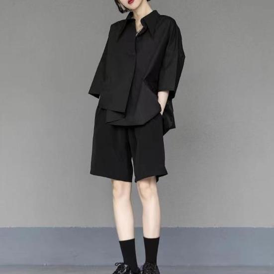 Women Men Shirt Pocket Decoration Irregular Hem Single-breasted Three Quarter Sleeves Solid Color Daily Wear Loose Lapel Summer Spring Shirt