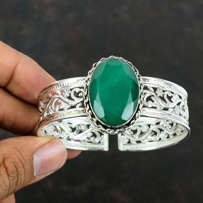 Pulseira de punho de esmeralda zambiana facetada Pulseira de pedra preciosa genuína Pulseira de prata esterlina 925 Pulseira ajustável Joias artesanais Presentes de noivado