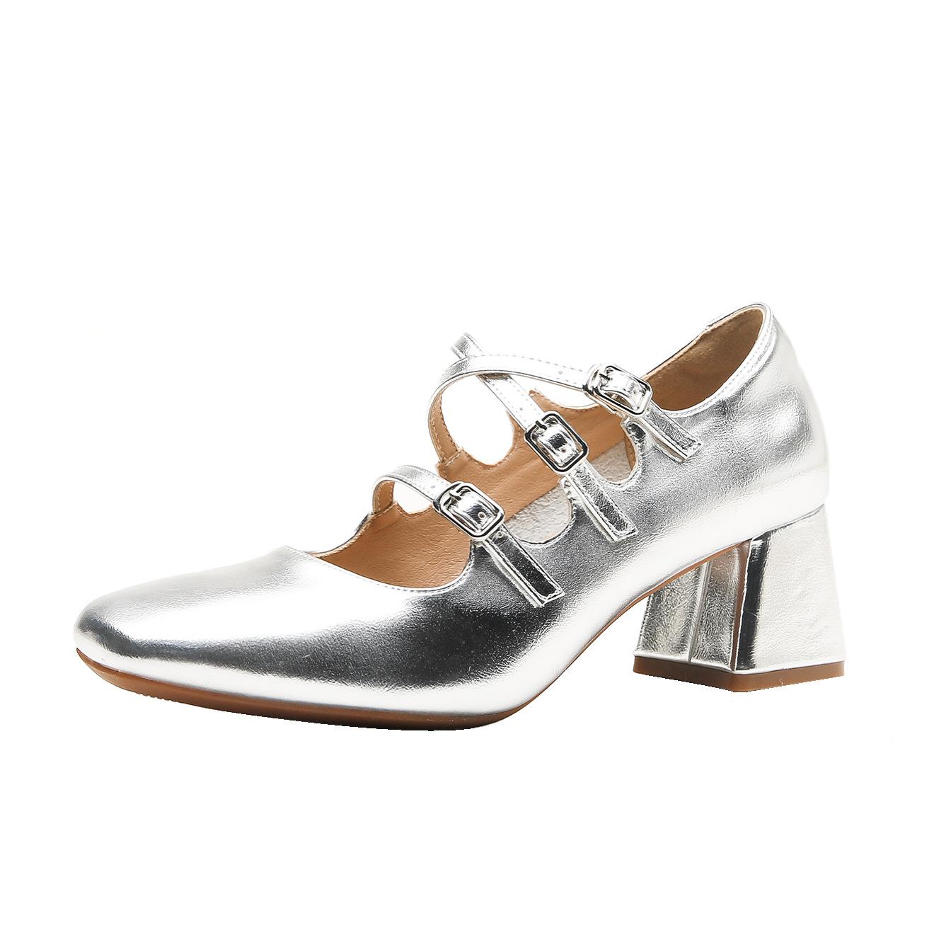 

Женские 6СМ Крест Три пуговицы ВеснаОсень Квадратный носок Мэри Джейн Толстый каблук Бордовый Серебристый Мелкий вырез Одиночные туфли 38