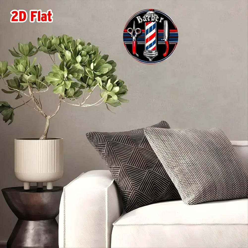 Vintage Barber Metal Wall Art, Retro Red White Blue Striped Sign, Aluminum Round Wall Decor for Home Salon