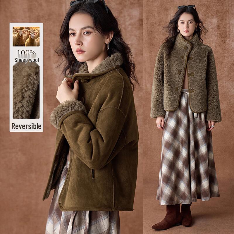 Women's Reversible Suede & Merino Wool French Retro Stand Collar Coat
