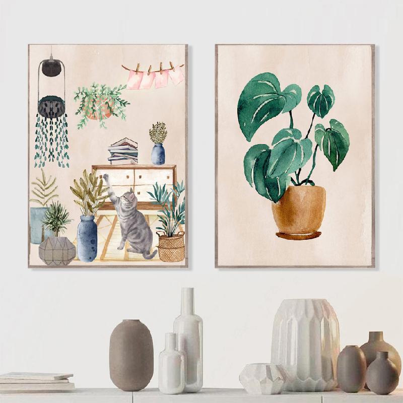 Modern Nordic Boho Monstera Vase Plantain Houseplant Wall Art Canvas Painting Posters And Prints Pictures For Living Room Decor