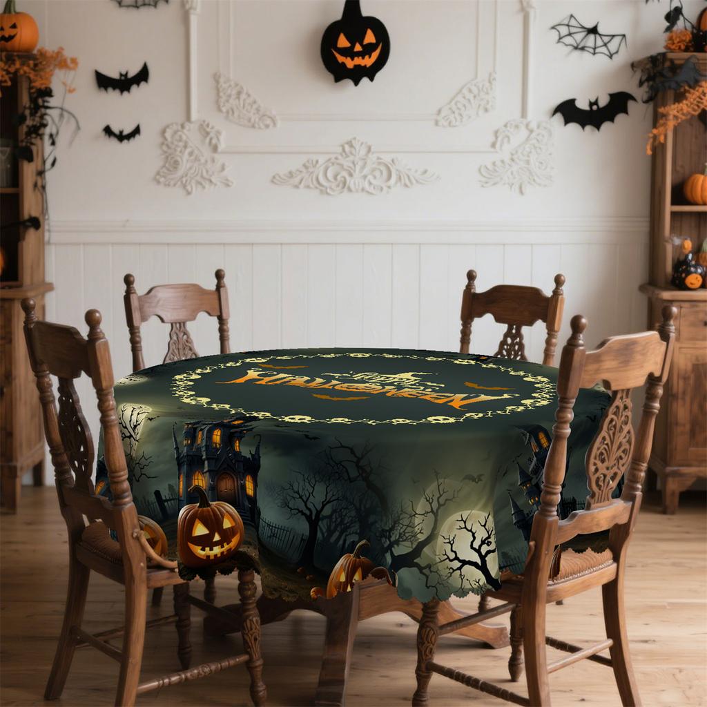 Pumpkin lanterns, withered trees, full moon, ancient castle, Halloween tablecloth - 1 set, suitable for indoor and outdoor use