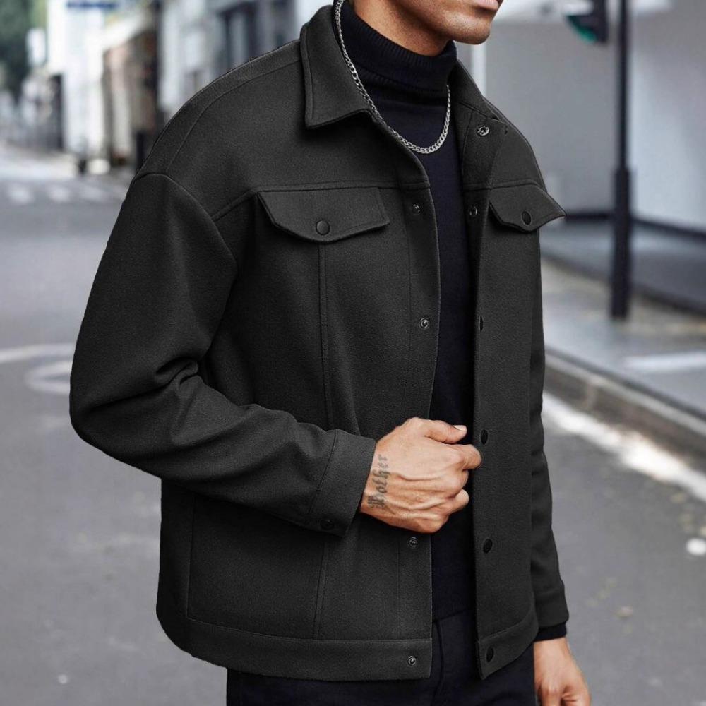 

New Businees Male Woolen Jackets Fashion Lapel Button-down Solid Color Long Sleeve Coats Trendy High Quality Outerwears S чорний