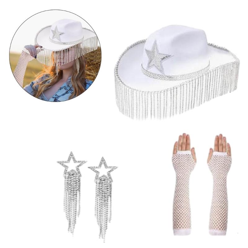Western Cowboy Hat ArmSleeves for Bridal Shower Cowgirl Earrings Costume Set Lady NightClub Dress Up Masquerades Suit