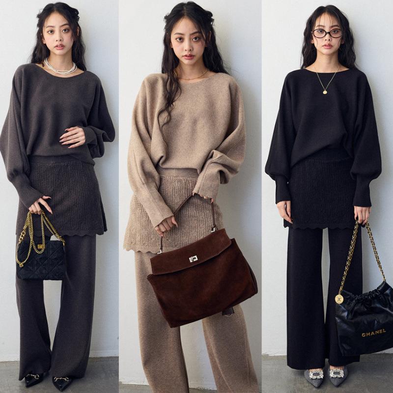 Relaxed Batwing Sleeve Top & Crochet Long Pants Knit Set
